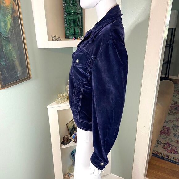 Vintage 70s Navy Blue Velvet Jean-Denim-Style Jacket Wide Collar felt velveteen - Picture 10 of 15